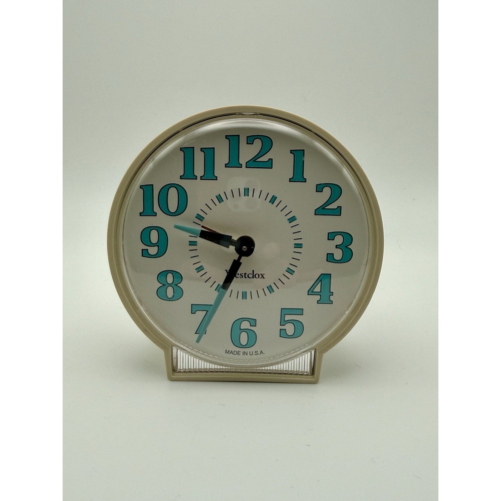 Vintage White Westclox Wind Up Alarm Clock Glow In The Dark Turquoise Numbers